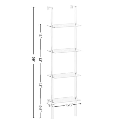 Small Acrylic Ladder Bookshelf, 9.5" D x 15.6" W, 4-Tier Clear Wall Mounted Book Shelf for Small Spaces, Multipurpose Bookcase for Living Room, Bathroom, Office, Modern, 59" H - size: 4-Tier