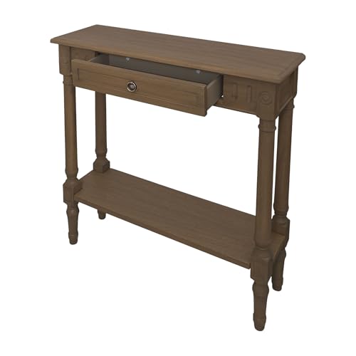 Marisol Brown Narrow Console Table for Entryway with Drawer | 31.5-inch slim sofa table with lower shelf, solid wood frame, natural finish, hallway storage for small spaces - color: Brown