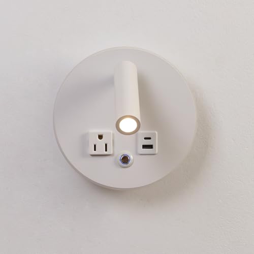 LED Round Wall Lamp Dimming Wall Mounted Reading Lights, Adjustable Headboard Plug in Wall Sconce with USB+USB C Ports, Headboard Bedside Lamp with 6W+3W Night Light 3000K (White) - color: White