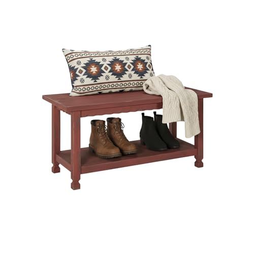 Country Cottage Rustic Farmhouse Bench – 36” Solid Wood Entryway Seat with Storage Shelf for Hallway, Mudroom, or Living Room Accent by Alaterre Furniture (Distressed Antique Red Finish) | 36 Inch Solid Wood Shoe Bench with Storage Shelf, Rustic Farmhouse