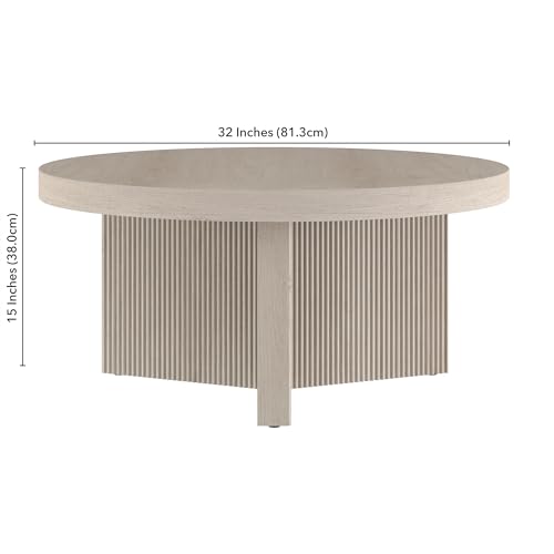 Henn&Hart 32" Scandinavian Fluted Coffee Table, Beech White | Ribbed pedestal base and low profile bring Scandinavian style to small spaces including living rooms or family rooms - color: Beech White, size: 32 inches