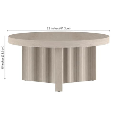 Henn&Hart 32" Scandinavian Fluted Coffee Table, Beech White | Ribbed pedestal base and low profile bring Scandinavian style to small spaces including living rooms or family rooms - color: Beech White, size: 32 inches