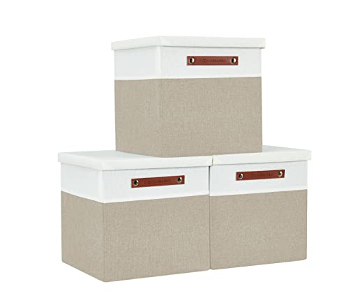 DECOMOMO Storage Basket with Lid, Storage Cubes with Handles, Beige & White | 11" Cube, 3 Pack Fabric Box with Lid - color: Beige and White, size: Cube 11"