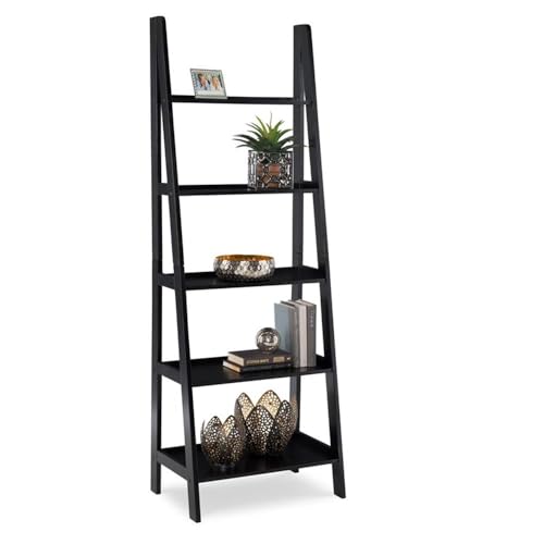 Riverbay Furniture 5-Shelf Ladder Bookshelf, 72 in Tall Rubberwood and Particleboard, Black Finish, Open Back Design, Space-Saving Transitional Style for Home Office, Living Room, Entryway or - color: Black
