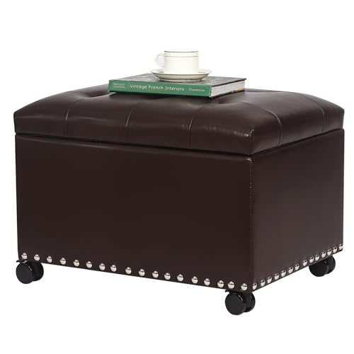 Leather Storage Ottoman with 360° Caster Wheels 24" Foot Rest Bench Rectangle Ottomans Stool for Living Room Bedroom (Brown, Wheels) - color: Brown With Casters