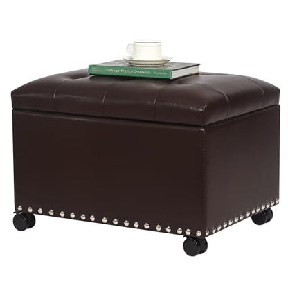 Leather Storage Ottoman with 360° Caster Wheels 24" Foot Rest Bench Rectangle Ottomans Stool for Living Room Bedroom (Brown, Wheels) - color: Brown With Casters
