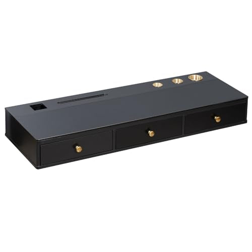 47" Floating Shelf with Drawer, Multi-Purpose Wall-Mounted Vanity Table, Mounted Desk, Floating Table for Bedroom, Bathroom, Hairdressers, Black and Golden (Black + MDF+Glass + 3 Drawers)