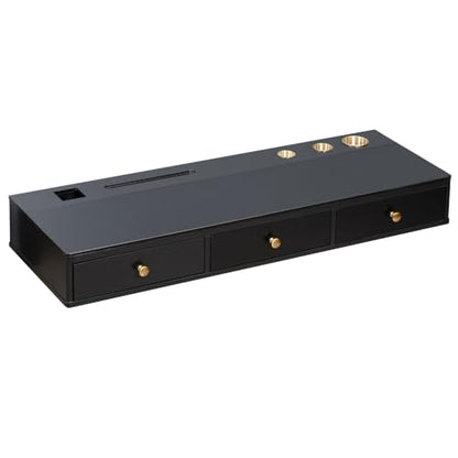 47" Floating Shelf with Drawer, Multi-Purpose Wall-Mounted Vanity Table, Mounted Desk, Floating Table for Bedroom, Bathroom, Hairdressers, Black and Golden (Black + MDF+Glass + 3 Drawers)