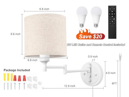 GOODATE Plug in Wall Sconces with Remote Control, Dimming, Adjustable Colors 2700K-6500K, Hardwire or Plug-in, Swing Arm Wall Lamp with Linen Fabric Shade, Wall Sconces Set of Two, White Finish - color: White & Linen