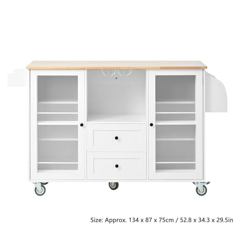 Kitchen Island Cart with Drop Leaf 13 Storage Areas 5 Lockable Wheels Solid Wood White Modern Kitchen Island Table Cart Rolling for Small (White)