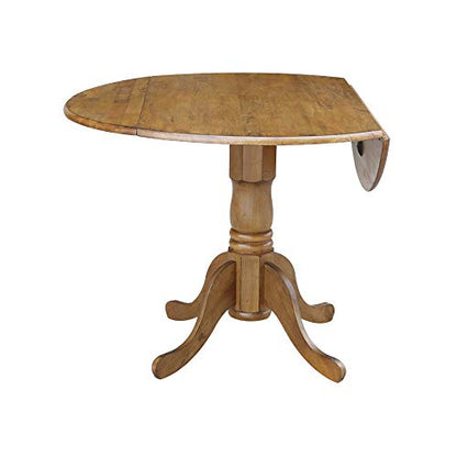 42" Round Dual Drop Leaf Pedestal Dining Table Solid Wood, Easy Assembly, Sturdy Parawood, Kitchen/Dining Room, 29.5"H x 42"W x 42"D, 20mm Thickness Top, Includes Two 9" Drop Leaves - color: Pecan