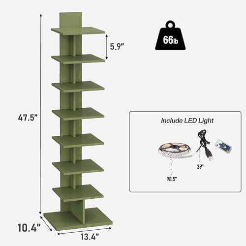 TUTOTAK Book Shelf, Narrow Spine Bookshelf, 8-Tier Bookcase with LED Lights | 10.4 x 13.4 x 47.5 Inches Vertical Freestanding Corner Shelf for Living Room, Office, Small Space, Olive Green BS06BOG008L - color: Green（led Ligths）