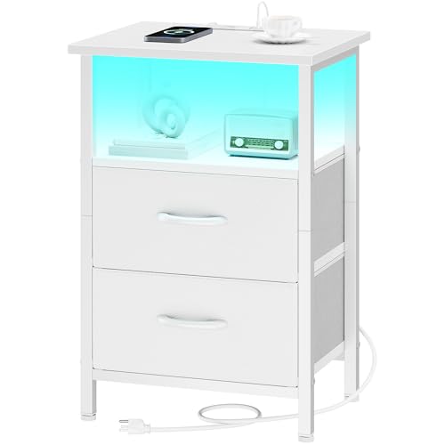 White Night Stand with Charger Station, LED Nightstand with 2 Fabric Drawers, Bedside Table with USB Ports and Outlets, Bed Side Tables with Storage Shelf, 24.2" Tall Nightstand for Bedroom - color: White, size: 1 Piece, style: With LEDs