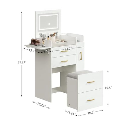 Herture 3 in 1 Vanity Desk with Flip Top Mirror, Comapct Vanity | Small Vanity with Lights,Outlets,Side Cabinet,Collapsible Desk Panel,Storage Hidden Stool,Makeup Vanity Table White PT01DTW - color: White