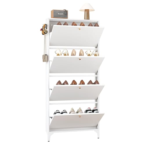 Slim Shoe Cabinet with 4 Flip Drawers,Narrow Shoe Storage Cabinet,Freestanding Organizer,Metal Hidden Shoe Storage for Entryway,Hallway,Living Room (4 Door Width 700, White) - color: White, style: 4 door width 700