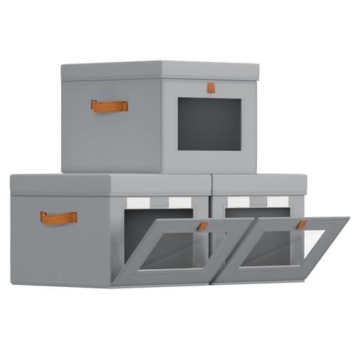 Storage Bins with Lid – Closet Organizer with Side Opening and Clear Window, Foldable Stackable Fabric Basket for Clothes, Home, Office - 13.77" x 11.8" x 9.8", 3 Pack, Grey - color: Grey, size: 13.7 Inch-3 Pack