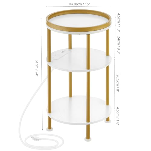 Small Round End Table with Charging Station, 3-Tier Accent Couch Beside Table with USB Ports & Power Outlets, Sofa Side Table for Living Room Small Nightstand Bedroom (USB Charger, White+Gold) | 3-Tier Accent Couch Beside Table with USB Ports & Power Outl