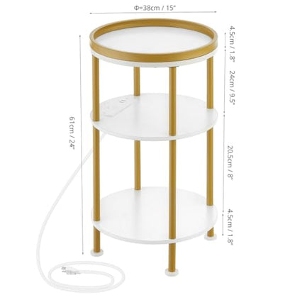 Small Round End Table with Charging Station, 3-Tier Accent Couch Beside Table with USB Ports & Power Outlets, Sofa Side Table for Living Room Small Nightstand Bedroom (USB Charger, White+Gold) | 3-Tier Accent Couch Beside Table with USB Ports & Power Outl