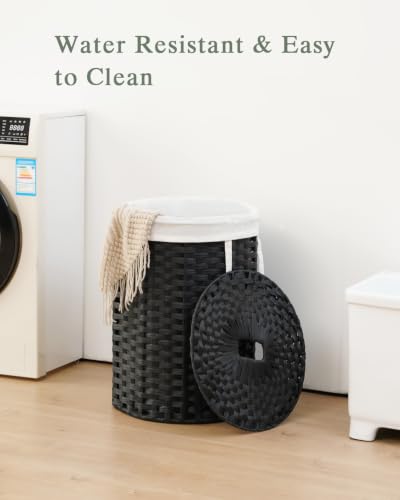 SETVSON Laundry Hamper with Lid 23.8 Gal Handwoven Laundry Basket Black | The lid hides dirty clothes, keeping spaces neat and fresh. 90 L Large Capacity, Stylish Design with Handles Easy Transport - color: Black, size: 90 L