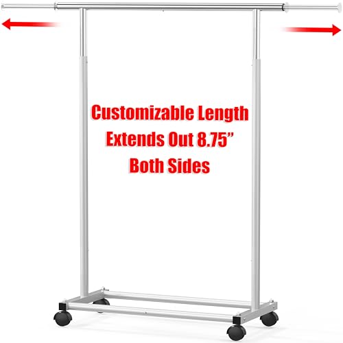 Simple Houseware Standard Rod Garment Clothing Rack, Silver | Single Rail, Extendable Width from 30 to 47 Inches, Rolling Clothing Organizer for Bedroom, Laundry, Living Room - color: Silver