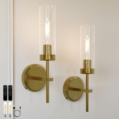 Gold Battery Operated Wall Sconce Set of 2, Wireless Wall Sconces with Remote Control, Rechargeable 3000K Dimmable Wall Light for Bedroom Living Room Bathroom Hallway Entryway Stairwell - color: Gold, size: 2 Pack