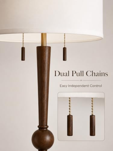 MOFFE Solid Wood Floor Lamp for Living Room,Pull Chains Standing Lamp | 62.8" Tall,17" White Drum Shade,Sculptural Wood Base & Stem,2-Light Design,Standing Lamp for Bedroom,2 Bulbs Included - color: Espresso Walnut