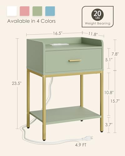 Masupu Nightstand with Charging Station,3-Tier Modern Bedside Night Stand with Storage Drawer and Shelf,Small End Side Table for Bedroom,Living Room,Gold and Green - color: Outlet-green