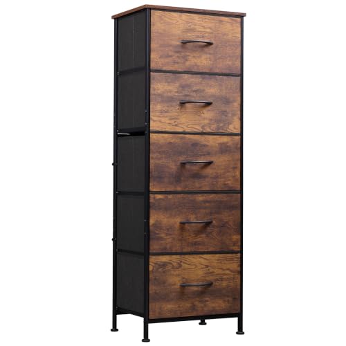 WLIVE Tall Dresser for Bedroom, 5 Drawer Dresser, Rustic Brown | 5 vertical fabric drawers, Tall vertical design, Bedroom or closet use, Dresser for small spaces, Chest of drawers - color: Rustic Brown Wood Grain Print