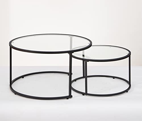 Modern Nesting Glass Coffee Table Set of 2, Round Tempered Glass Coffee Table for Living Room & Bedroom, Space-Saving Design with Adjustable Feet (Large Size + Black Frame) - color: Large Size + Black Frame