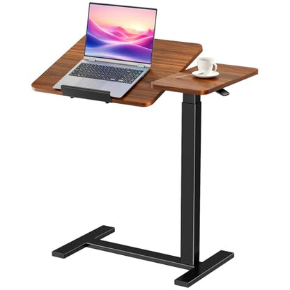 DUMOS Adjustable Bedside Overbed Table with Wheels, Brown | Laptop Standing Desk with Tilting Top Height, Mobile Rolling Computer Cart for Hospital Home Bedroom Use - color: Rust Brown, size: 27.5" x 15.7" x 43.3"