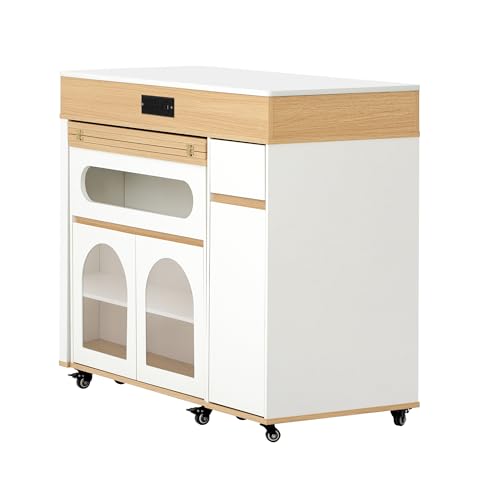 Extendable Dining Table with Extra-Long Folding Top, Rolling Kitchen Island with Storage Cabinet, Drawers & Brake Lock, Sturdy Mobile Cart for Kitchen, Dining Room & Open Spaces(Creamy White+Natural2) - color: Creamy White+natural2
