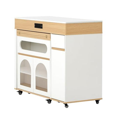 Extendable Dining Table with Extra-Long Folding Top, Rolling Kitchen Island with Storage Cabinet, Drawers & Brake Lock, Sturdy Mobile Cart for Kitchen, Dining Room & Open Spaces(Creamy White+Natural2) - color: Creamy White+natural2