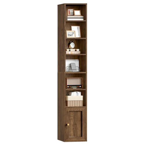7-Tier Tall Narrow Bookshelf with Door, 70.9 Inches CD DVD Slim Media Tower Rack with Storage Cabinet, Adjustable Shelves, Skinny Bookshelf Display Bookcase for Home Office, Walnut - color: Walnut