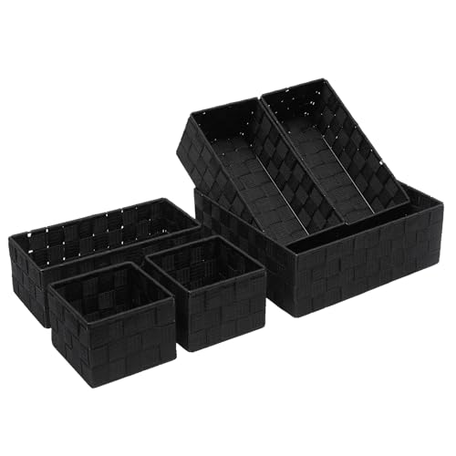Stackable Woven Storage Baskets with Metal Frame, Set of 6, Black | polypropylene organizer bins in assorted sizes for drawers, closet, shelf, nursery and office storage - color: Black, size: 6PCS-without lid