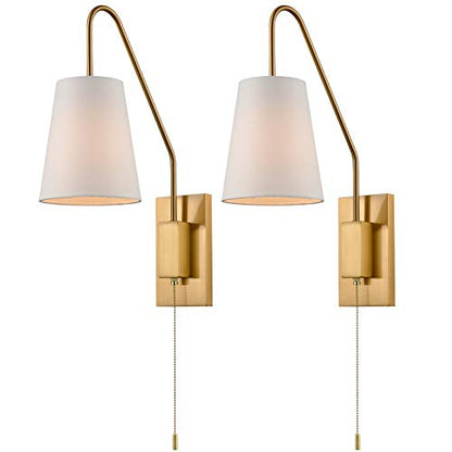 Modern Brass Set of 2 Plug-in Wall Sconces, Linen Fabric Shade | Pull Chain Switch, 2-in-1 Plug-in & Hardwired, Ideal for Bedroom, Hallway & Foyer