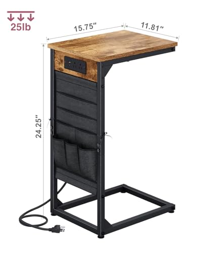 C-Shaped End Table with Fast-Charging Station, Small Couch Side Table with Storage Bag, Sofa TV Tray Table for Living Room, Bedroom, Bedside ET-BR-1 - color: Rustic Brown
