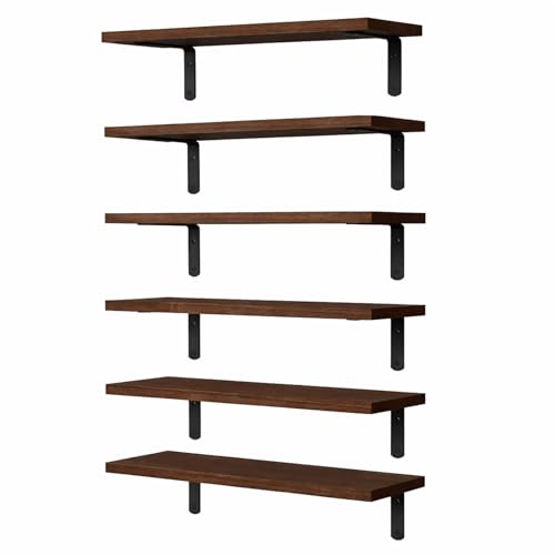 Floating Shelves Set of 6, Wooden Floating Shelves for Wall Decor, Farmhouse Shelf for Bedroom, Wall Mounted Bathroom Storage Shelves, Floating Book Shelves for Living Room - color: Brown