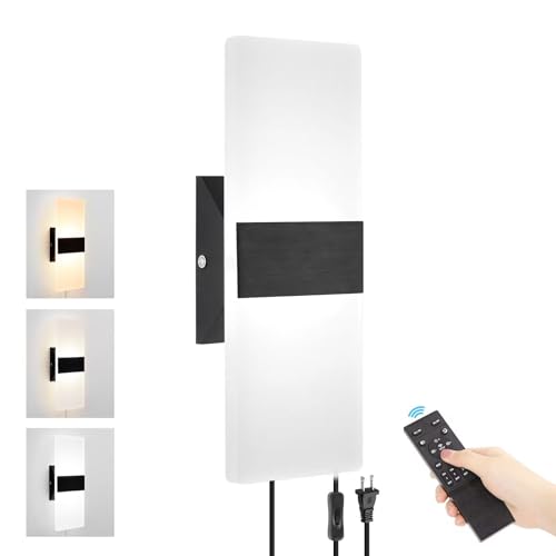 GOODATE Plug in Wall Sconce with Stepless Adjustable 3000K-6500K Colors and 10%-100% Brightness, 12W Acrylic LED Wall Light with Remote, Hardwire or Plug-in (1 Pack, Black) - size: 1 PACK, Black