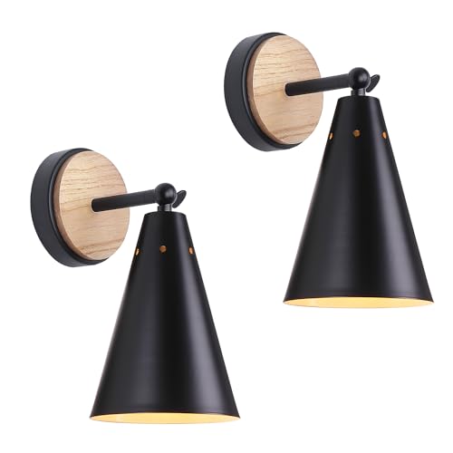 MWZ Rustic Farmhouse Black Metal and Wood Wall Sconce Adjustable Lamp，2 Pack,Rustic Wall Lighting Fixture for Bedroom, Living Room, Headboard, Garage, Porch - color: Wooden and Black