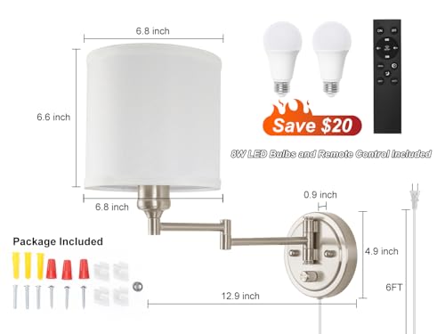 Plug in Wall Sconces with Remote Control, Dimming & Adjustable Colors 2700K-6500K, Hardwire or Plug-in, Swing Arm Wall Lamp with White Fabric Shade, Wall Sconces Set of Two, Brushed Nickel Finish - color: Brushed Nickel & White