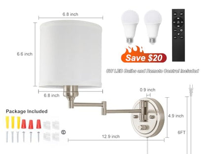 Plug in Wall Sconces with Remote Control, Dimming & Adjustable Colors 2700K-6500K, Hardwire or Plug-in, Swing Arm Wall Lamp with White Fabric Shade, Wall Sconces Set of Two, Brushed Nickel Finish - color: Brushed Nickel & White