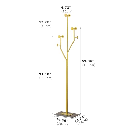 Freestanding Coat Rack Coat tree for Entryway Bedroom (Gold) | Tree-shaped, Easy Assembly, Space Saver, Heavy Duty, Metal Frame, Marble Base, 8 Hooks, Living Room, Office, Corner - color: Gold