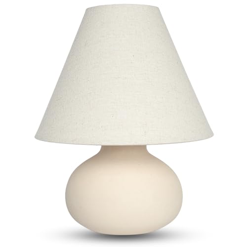 11" Small Table Lamp – Handmade Round Ceramic Cream Base with Off-White Fabric Shade, Dimmable Plug-in Nightstand or Accent Light – Organic Boho Japandi Decor for Bedroom or Small Spaces - color: Soft Linen Fabric Shade