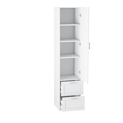 roomfitters Kitchen Pantry Storage Cabinet with 2 Drawers Tall Wooden Narrow Food Cupboard Bathroom Linen Tower, White