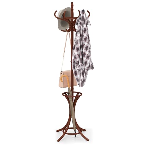 Giantex Solid Wood Coat Rack, Freestanding Hanger Stand w/12 Hooks, Umbrella Holder, Entryway Hall Tree for Coat, Hats, Scarves, Bags, Wooden Garment Rack for Bedroom, Hallway (Reddish Brown) - color: Reddish Brown