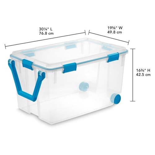 Sterilite 120 Qt Wheeled Gasket Box, Stackable Storage Bin with Latching Lid, Handle and Tight Seal, Plastic Container with Clear Base and Lid, 1-Pack