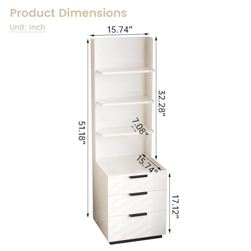 Tall Nightstand with Drawers & Open Shelves, 51.18" Bedside Storage Cabinet, Modern Free-Standing Bedroom End Table with Bookcase, Space-Saving, Easy Assembly, White