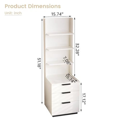 Tall Nightstand with Drawers & Open Shelves, 51.18" Bedside Storage Cabinet, Modern Free-Standing Bedroom End Table with Bookcase, Space-Saving, Easy Assembly, White