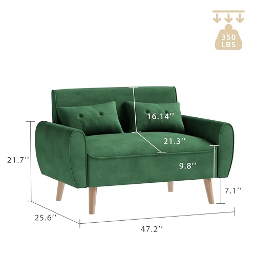 47'' Small Loveseat Sofa, 2 Seat Compact Couch with Tapered Legs, Green Upholstered Furniture, Solid Wood Frame, Comfy Foam Cushion, Easy Assembly for Small Spaces - color: Green