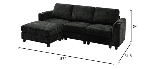 87" Chenille 3 Seater Couch with Soft Ottoman, Black | L-Shape Sectional Sofa with Durable Cup Holders, Upholstered Sofa with Comfy Backrests for Living Room, House - color: Black, size: 87" L-Shape